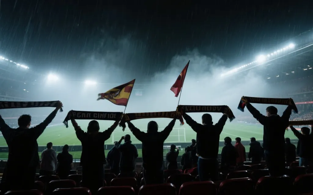 球迷看台上举着围巾与标语的背影，灯光与雨雾交织的比赛夜
